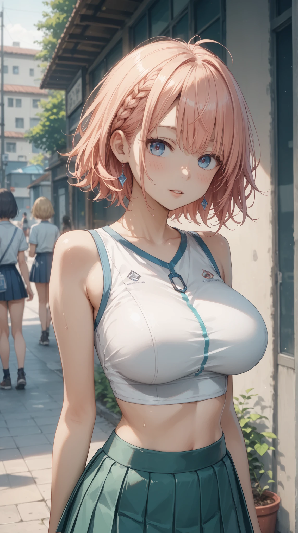 (Masterpiece, BestQuality:1.3), (ultra detailed:1.2), (hyperrealistic:1.3), (RAW photo:1.2), High detail RAW color photo, professional photograph, (Photorealistic:1.4), (realistic:1.4), (Pink Hair:1.5), professional lighting, perfect anatomy, (Big Breasts:1.2), (blush, detailed face), (cheerful Smile:1.5), Trending Hair&Trending Hairカラーをランダムに, earrings, necklace, bracelet, sexly, erotic sexly, Random sexy gravure poses, (Woman in pastel colored sportswear、The background is a track field、Serious expression、ponytail、Pulling on shorts pose:1.3)
