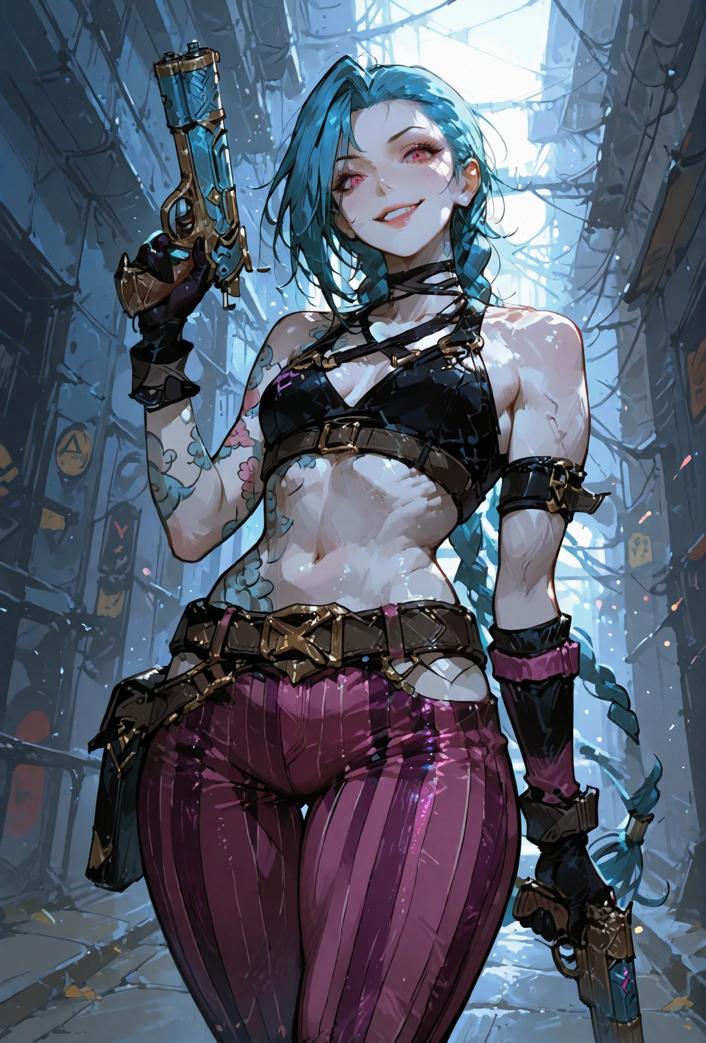 (score_9,score_8_up,score_7_up),((jinx full clothers,LIGHT MUSCLE,CURVY SEXY BODY TYPE,)), ,skindentation,,extremely detailed,dynamic lighting,best quality,,,best quality,high quality,, , dynamic angle, , thick thighs, motion lines, skindentation, seductive, , solo, perfect eyes,,DETAIL,MASTERPIECE,,Expressiveh, ultra detailed,,,,very detailed,extremely detailed,dynamic lighting,best quality,(score_9,score_8_up,score_7_up), jinx,pink eyes,braids,blue hair color,jinx clothes,,,sexy WOMAN,,,BADAS SEXY POSE , ,LIGHT MUSCLE,ATLETICH BODY TYPE,flat peaky breast,,,,extremely detailed,dynamic lighting,best quality,pale skin,evil smile,crop top, sleeve, armbands, purple striped pants, gloves, gun, belt,1girl, j1nx, blue hair, pale skin, chocker, blue eyes, long blue twin pigtails, tattoo