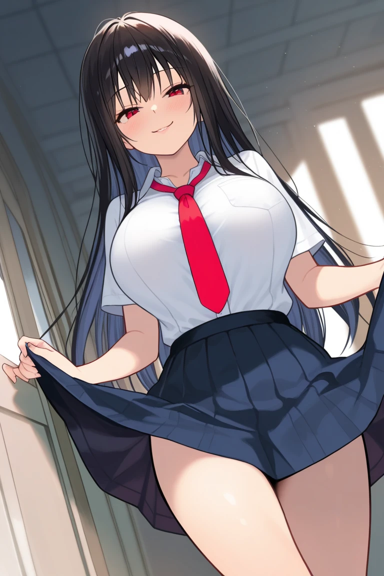 Hairstyle: long black hair,a girl,solo,highly deta iled beautiful face and eyes,looking at viewer,white lace shirt ,frilled skirt,sleeveless,large breasts,nsfw,(Lift up the skirt:1.4),(female genitalia visible:1.3),(pubic hair:1.2),(cameltoe:1.2),(love juice:0.7),(frown:1.2),(angry:1.2),contemptuous,disdain,(hate:1.3),looking down,elegant,active angle,dynamism pose, outdoors,from below