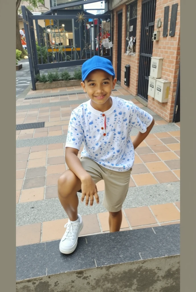 Boy with blue cap on his head, sorrindo , Cheerful sitting on a sidewalk, estilo do desenho pixar Disney, em alta qualidade 4k, em 3d, estilo desenho pixar Disney