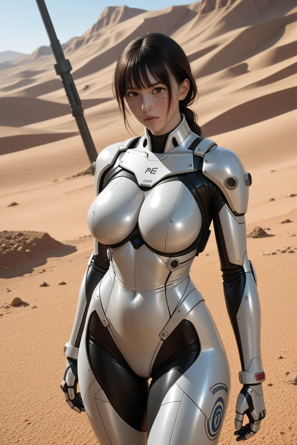 1female，35yo，A MILF，熟妇，huge tit，long leges，Big breasts Thin waist， 独奏，（Background with：A desert） She has long black hair，On combat vehicles，Combat posture，seen from the front， hair straight， mostly cloudy sky，（（（tmasterpiece），（Very detailed CG unity 8K wallpaper），best qualtiy，cinmatic lighting，detailed back ground，beatiful detailed eyes，Bright pupils，Black eyes，（Very fine and beautiful），（Beautiful and detailed eye description），ultra - detailed，tmasterpiece，）），facing at camera，A high resolution，ultra - detailed），revealing breasts，Bare genitalia，  Bulge，legs are open，Raised sexy，Camel toes，Flushed complexion，Desire for dissatisfaction，frontage，Imperial Stormtroopers，（Wearing：Sexy Imperial Stormtrooper uniform，Armour，）Star Wars style