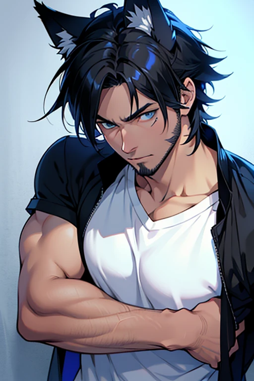mature,chiseled chin,rugged face,half body,Anime character with black hair and shirt standing, Wolf ears，Wolf Tail，demihuman,demiwolf,kemonomimi,light stubble, Anime handsome man, Anime portrait of a handsome man,mature,blue eyes,tired,short hair,bara,bored expression,expressionless,