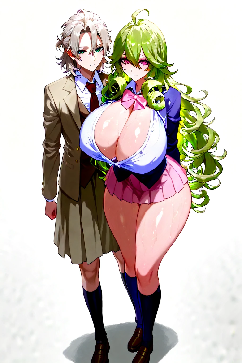 NSFW, 1girl,2boys with penis,armpit,Yuuka kazami, squatting,gigantic breasts, smell, best quality, amazing quality, very aesthetic, absurdres,full body, green hair,red eyes,huge earrings, pubic hair,armpit hair, thick_lips ,sunflower_hair_ornament ,smile,nude,after_fellatio, :>= ,vacuum_fellatio,bimbofication ,yellow necktie,red plaid skirt,black garter belt,