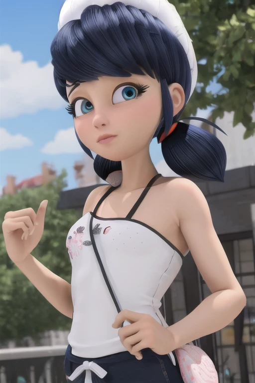 (8k, CRU photo, best qualityer, work of art:1.2), (details Intricate), perfects eyes, face perfect, perfect lighting, comely, (work of art:1.2), (best qualityer:1.2), 1 girl, standing alone, marinette, hair blue, horse tails, showing your entire body to your audience without knowing whether you are broadcasting the live in your city group.