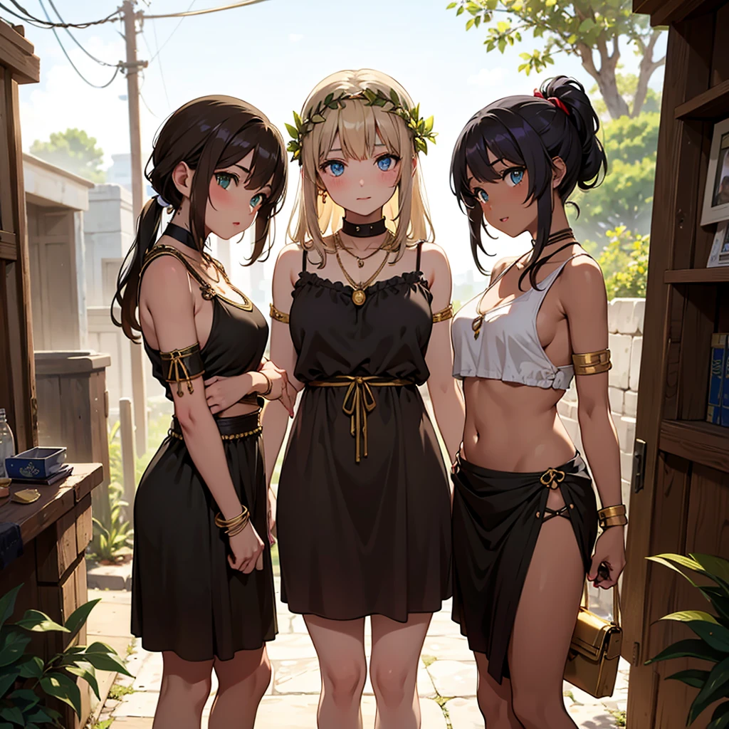 young greek warriors girls in togas , only girls , forest in the background , sandals , sexy, exposed belly,
