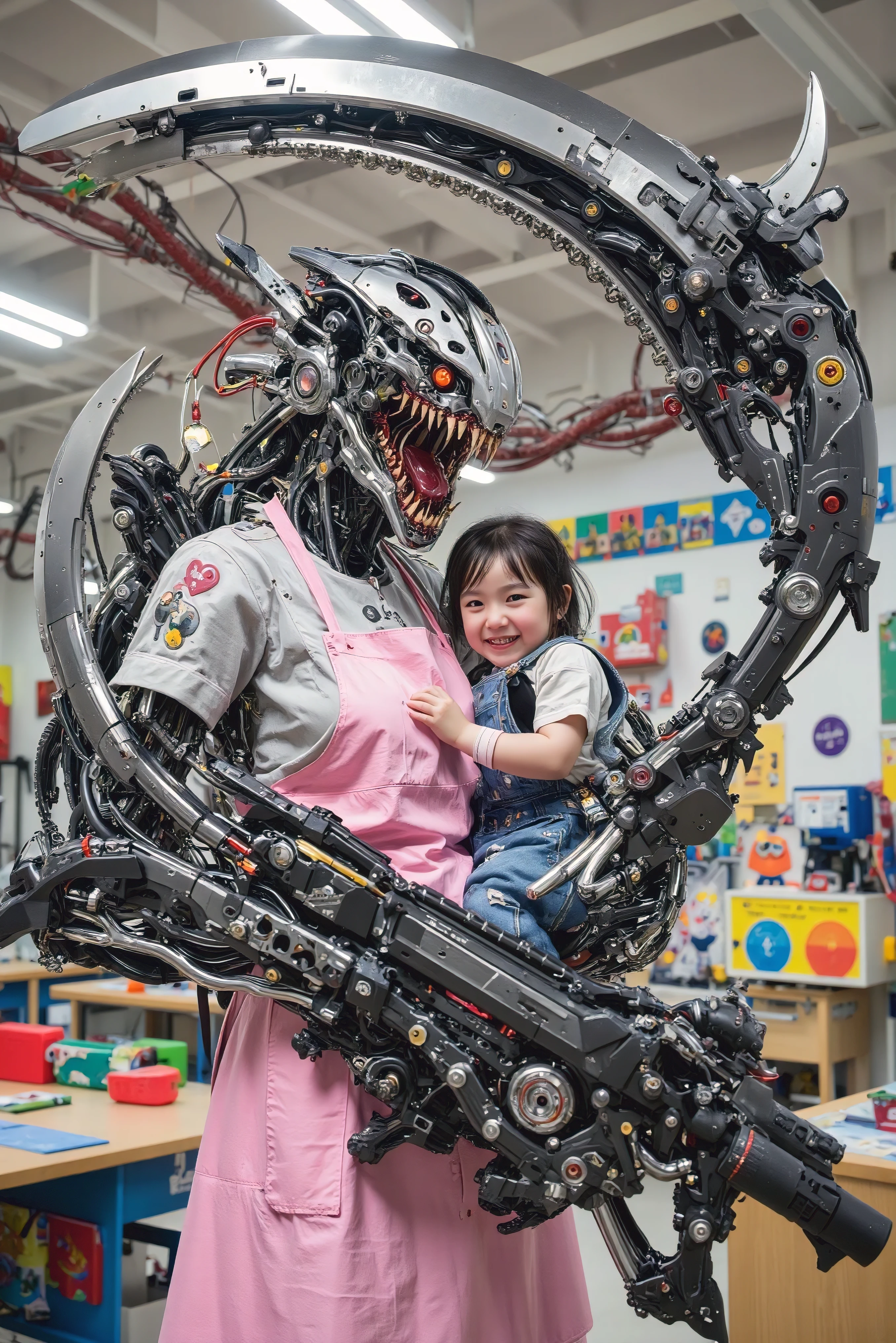 Ishikawa Ren , big mouth and fangs, a nursery teacher with more than half of her body made of machines, whose face is all made of machines, Equip yourself with a large scythe, I'm holding a small child, A small child is happily hugging, pink apron, Carrying a giant rifle, nursery school, colorful toys
