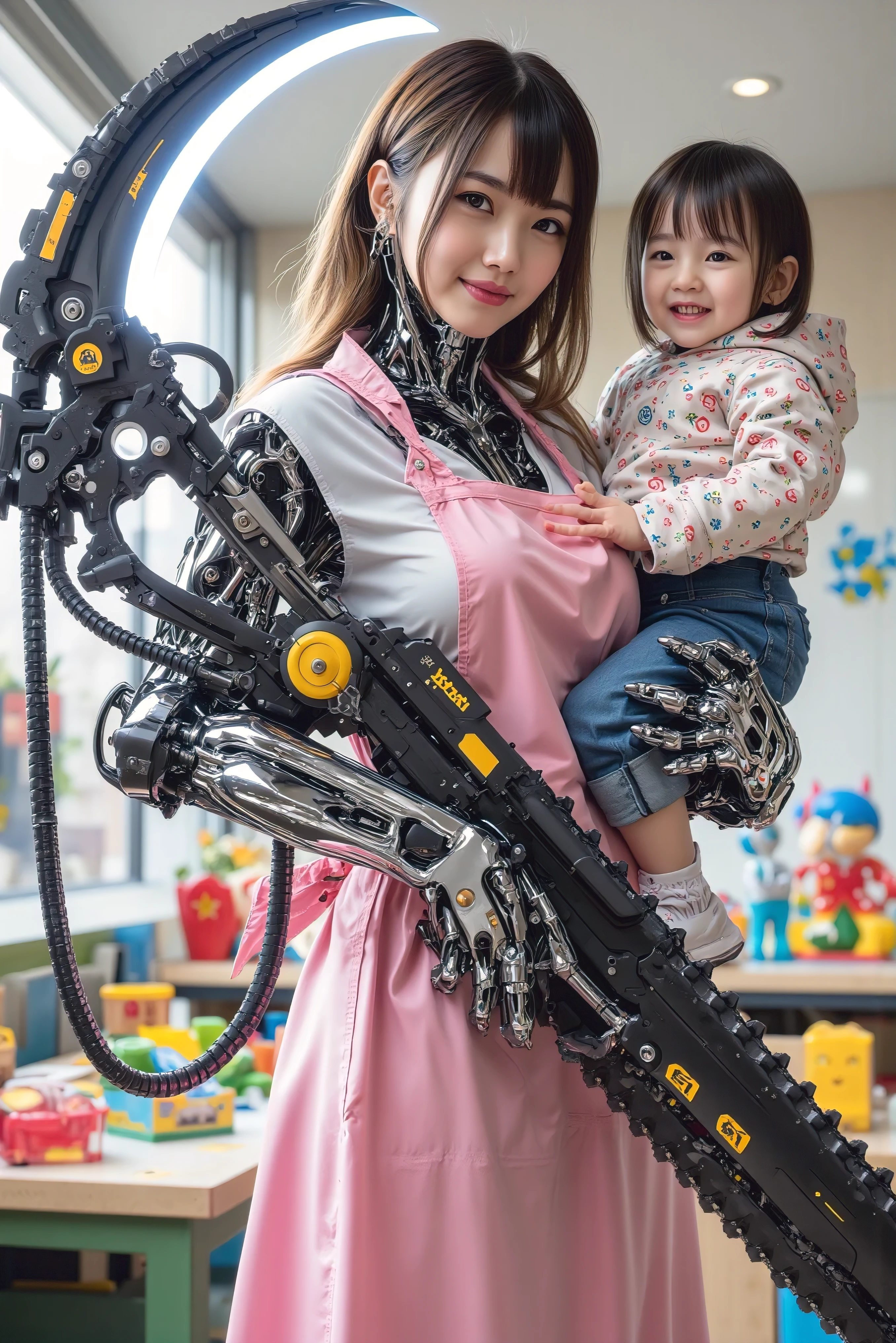 Ishikawa Ren , has a very beautiful face, a nursery teacher with more than half of her body made of machines, Equip yourself with a large scythe, I'm holding a small child, A small child is happily hugging, pink apron, Carrying a giant rifle, nursery school, colorful toys
