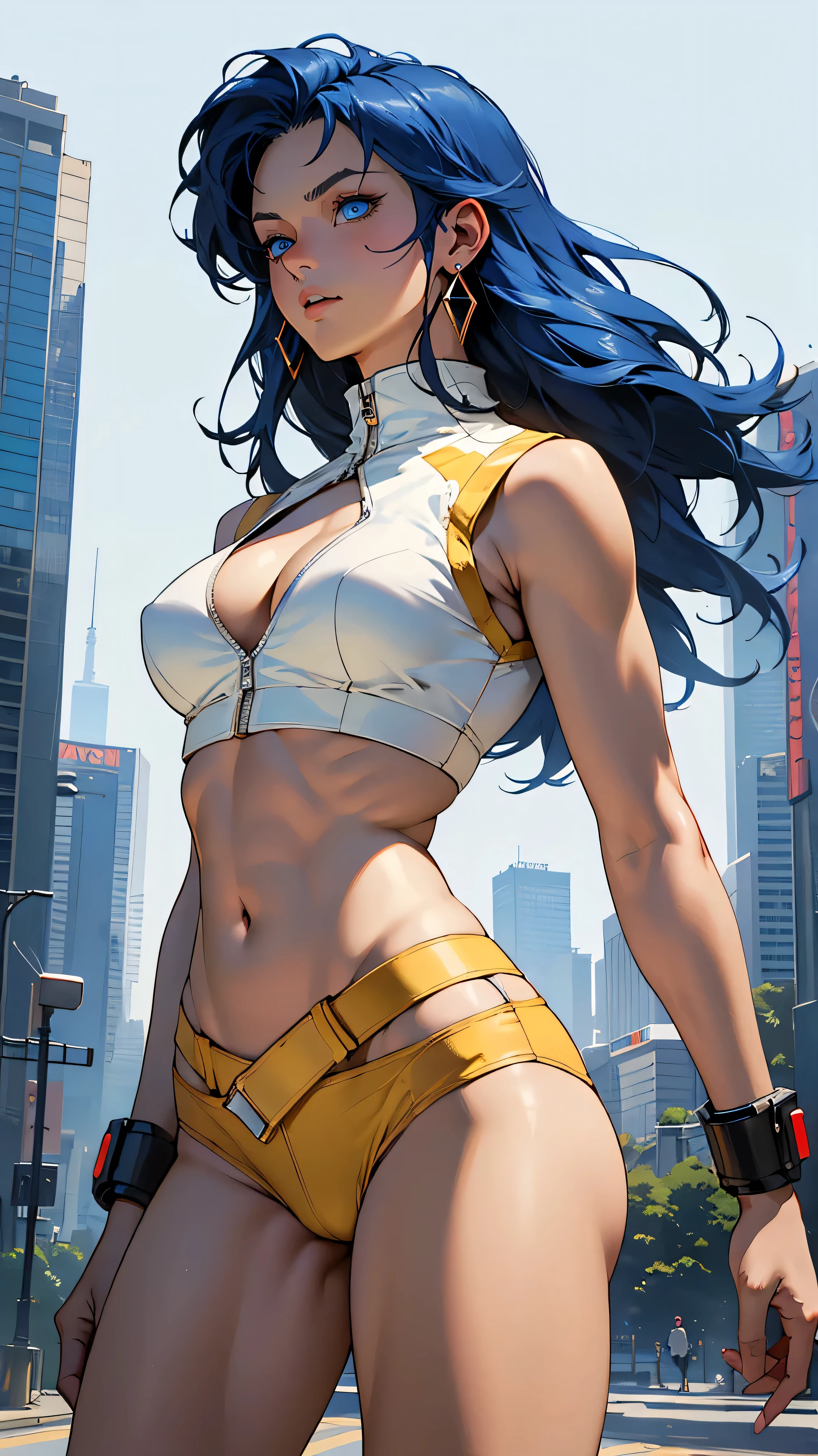 high contrast, (8K UHD:1.2), (photorealistic:1.2),(masterpiece:1.4), (best quality:1.4),extremely detailed wallpaper, highly detailed illustrations, (1 Girl), (best lighting) , (super-complex details) , 4K unified, (super-detailed CG: 1.2) , (8K: 1.2),(original), (masterpiece) , (best quality),(Masterpiece:1.4),Anime-ish high quality,(pov), nanashimura, \(boku no hero academia\), yellow gloves, black hair, long hair, folded ponytail, mole under mouth, cape, white cape, large breasts, blue eyes, sleeveless, full body bodysuit, hair between eyes, belt, boots, yellow footwear, fearless smile, muscular female, (from side, upright levitation and stylish pose, city buildings and night sky), anime picture, art cg, (ultra-detailed:1.3), masterpiece, best quality, illustration, particle lighting, beautiful detailed glow, an extremely delicate and beautiful, gleaming skin, shiny hair, detailed and delicate costumes,((muscular,muscles))