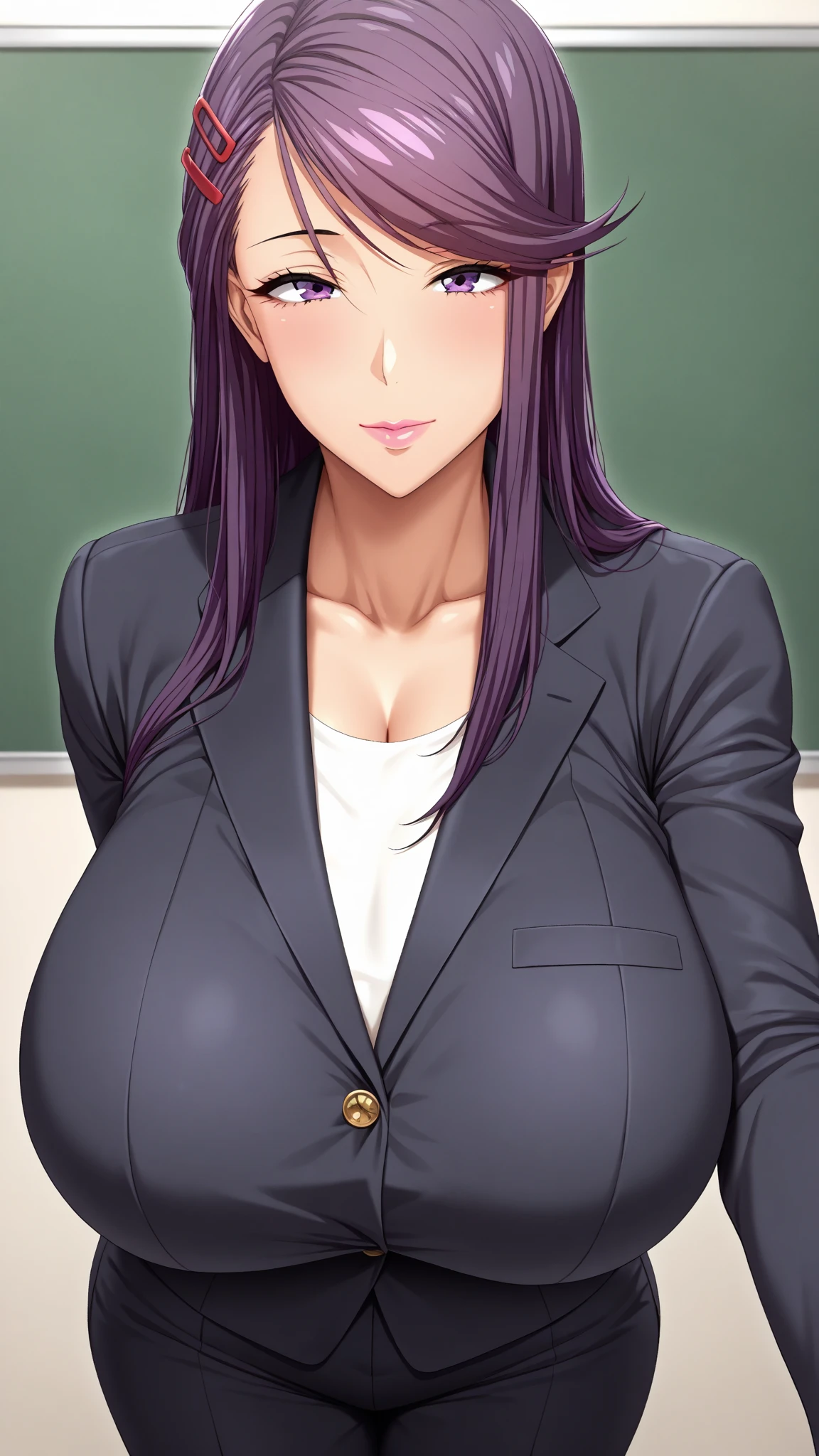 pixel-Komi-Shouko, from front masterpiece, best quality 1girl, suit, office lady, pencil skirt, unbuttoned jacket, office desk, gigantic breasts