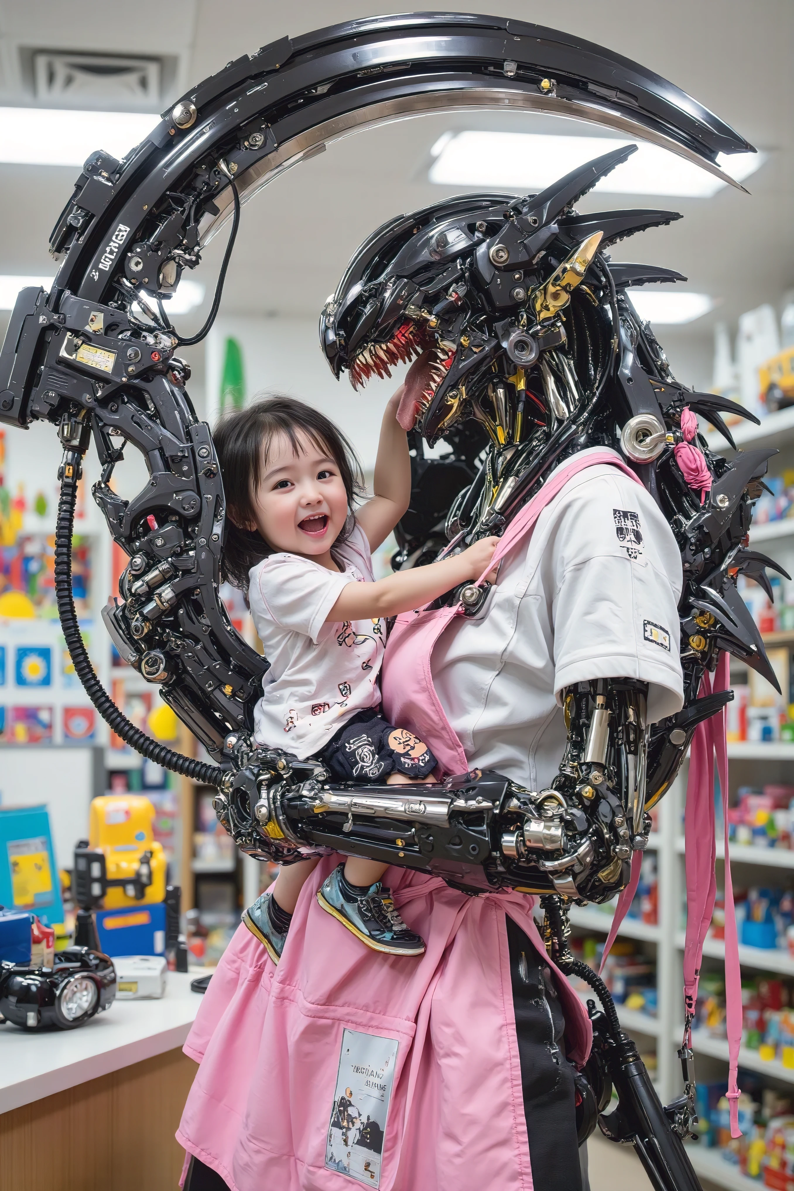 Ishikawa Ren , big mouth and fangs, a nursery teacher with more than half of her body made of machines, Lick a child with a long tongue, Equip yourself with a large scythe, I'm holding a small child, A small child is happily hugging, pink apron, Carrying a giant rifle, nursery school, colorful toys
