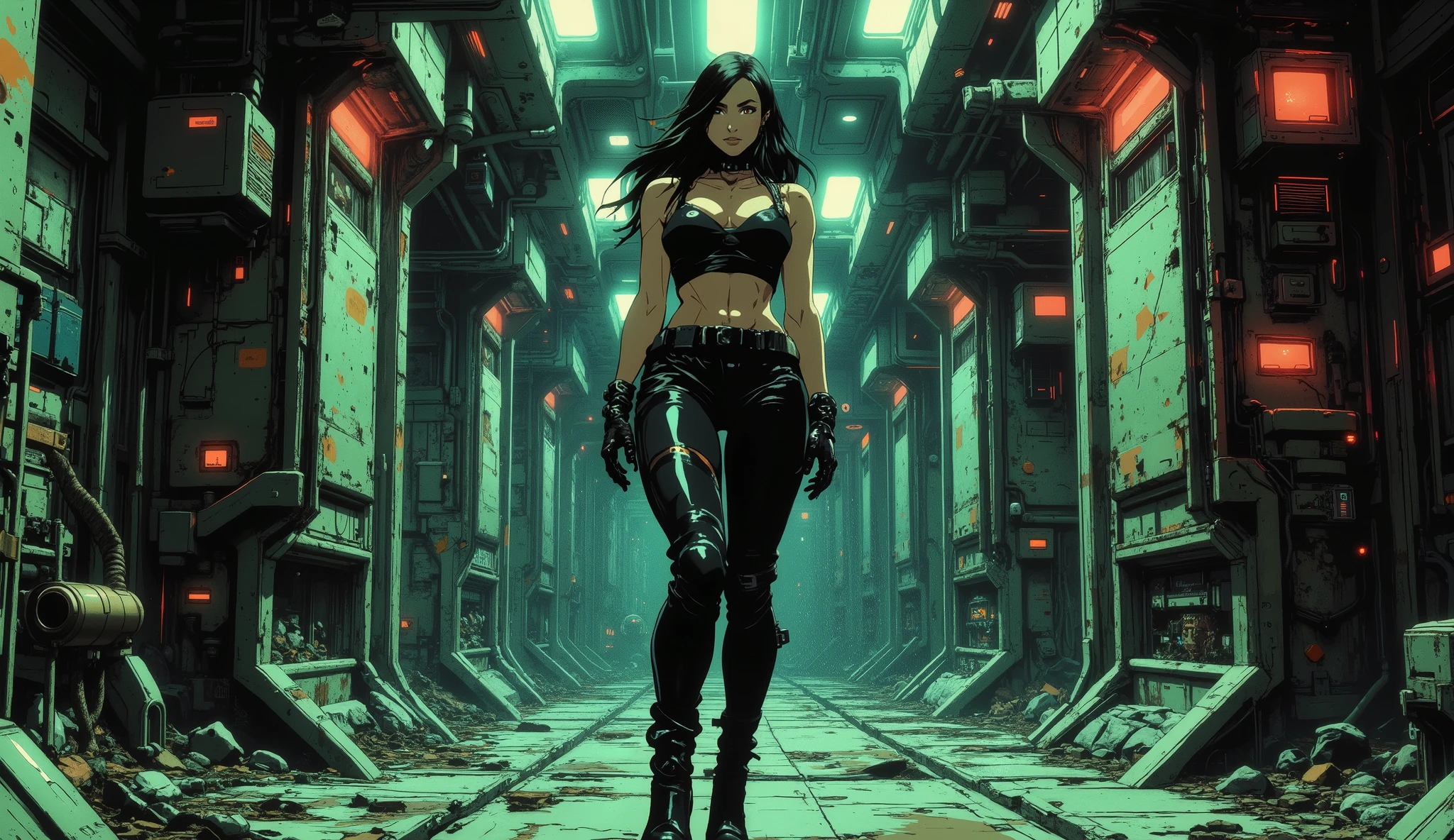[[Anime scene]] Masterpiece, The setting of a futuristic spaceship, cyberpunk style, with a dark and retro atmosphere, inspired by 90's anime. An empty corridor of a ship, A woman with a very beautiful and sexy body, she is tall and has a sexy body, large breasts, she is wearing a black tank top that shows her belly and black leather pants with high-heeled boots, the interior of the ship is dimly lit, [[Low angle]] the background is dark and dimly lit, she is wearing a black leather outfit, high-heeled combat boots, she has long black hair, she is facing the viewer, PAWG style body, metal walls around the corridor, [[Smooth walls and without many details]] Rustic scenery in the style of the ship from the movie 'Alien', above on the ceiling, fans passing lights, little light. The walls show signs of rust and age. [[ Smooth metallic walls without many details ]] The anime style features an anime background and a 32k cel tone technique. The rendering is in the style of the animes Vampire Hunter: Bloodlost and Blame and Black Lagoon. Exposed wires. The ship has a steampunk style. Straight and linear walls, [[ Low angle ]] inspired by post-apocalyptic spaceships.