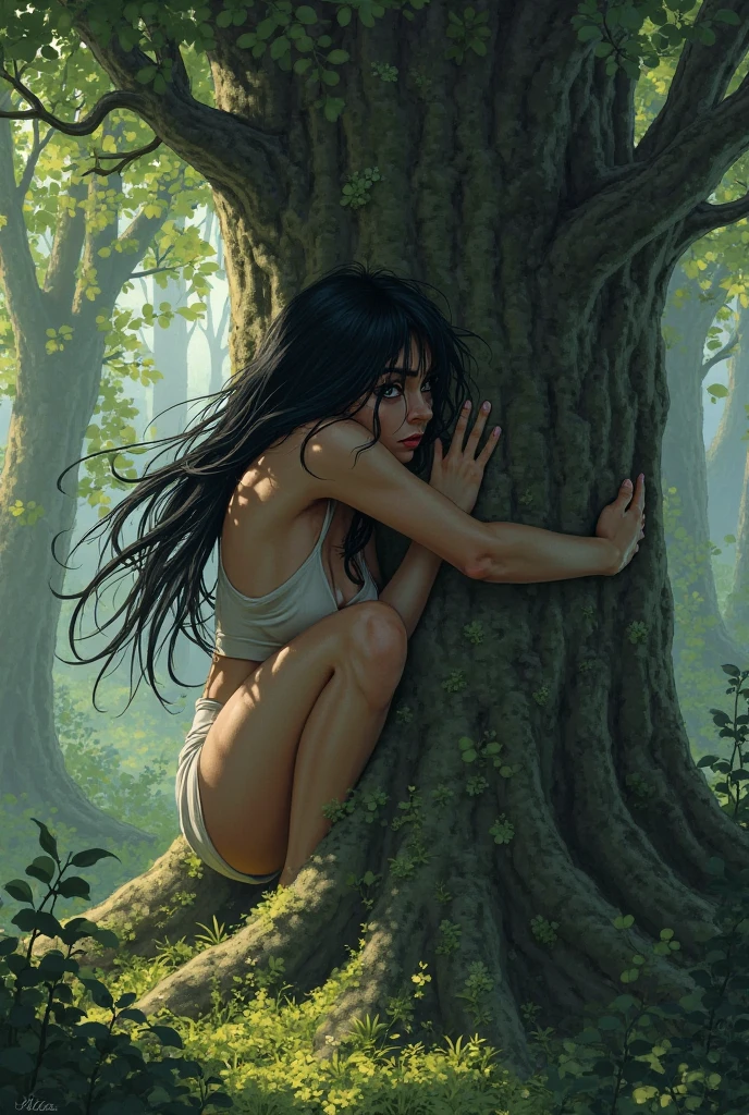 Athlete woman, wavy hair, long hair, black hair, white woman, naked in the swamp, explicit nude, visible vagina, hidden. They spy on her.