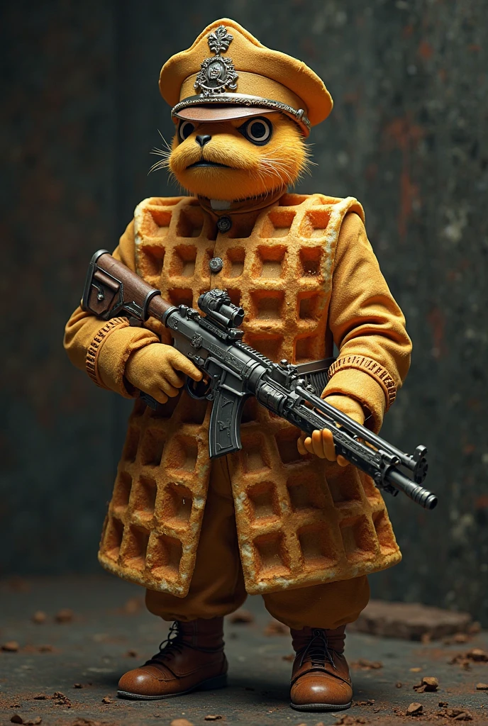 Springtrap, a mechanical rabbit suit with the suit half broken with little blood, holding a bloody knife and a human body trapped inside it. Scenario a pizzeria