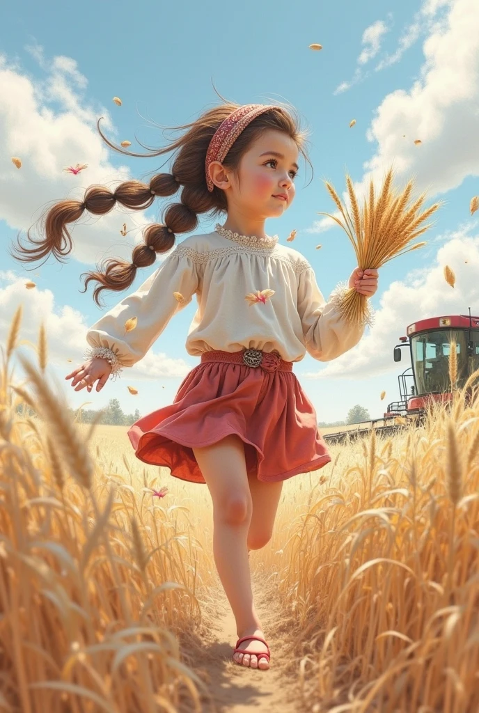 Aerial view of digital art showing a man in white uniform amid endless rice fields、Back view of little girl with bow tie. she is looking. green, yellow, Kaneko, curry, A little red, gradient color, farmer, The breeze blows on the field road, Rice swaying in the wind, Sunlight, happy atmosphere, National Geographic National Geographic, Circles and Rings Stripes Circles and Shapes Stripes, annie, LeibovitzLeibovitz,,A beautiful painting by Wassily Kandinsky,Imagined,Imaginative,Japanese cartoons,romantic atmosphere,high detail,watercolor painting,palette knife painting,comics,artwork,Pixar style,cartoon style,Arte Guélan's artwork,Chinese painting,masterpiece,Line art,Quixel Megascans rendering,octane rendering,long shot,flashing light, --original style