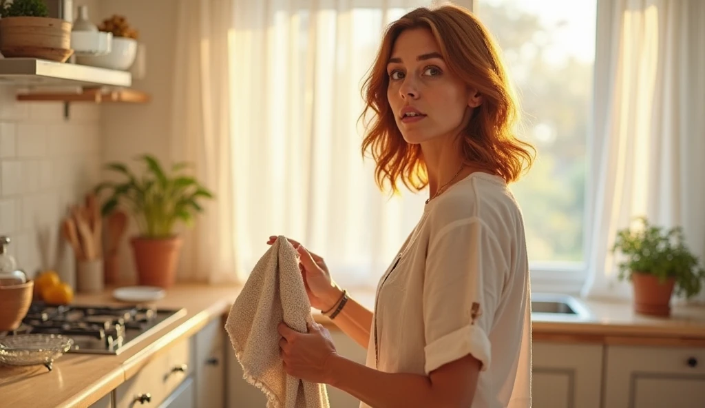photo of, woman with pixie haircut, looking into camera, wrapped in bath towel after shower, standing in kitchen, natural morning light, fresh and rejuvenated look, moisture beads on skin, peaceful expression, intimate home setting, simplistic decor, warm steam from tea kettle, serene ambiance, soft background focus, vibrant yet soothing color palette, detailed face, comfortable and content, real-life moment captured, depth of field, 35mm