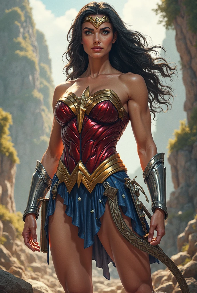 Gal Gadot as a beautiful wonderwoman, busty, completely naked, dark brown flowing hair, smiling, standing in a forest, front view, boobs visible, mountains in background, full body image, graceful