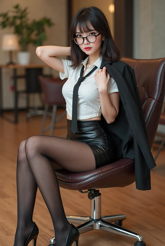 Exquisite,tmasterpiece,beautiful detail and color,exquisite detailing,Exquisite,The details are complicated,,Pair it with cool black sunglasses,1人の女性,(A beautiful 20 year old lovely Chinese woman:1.1),(50mm sigma f /1.4 ZEISS lens, f1.4, 1/800s, ISO 100, photography of:1.1), (ponytail color hair:1.2), (realistically:1.4), (spy:1.2), (Open jacket,The shirt, a skirt,disease,black pantyhoses,Christian Louboutin\(Sponsored Brands\),:1.3),ear nipple ring,choker necklace,armlets,(Liman,Liman:1.2),(pretty legs,Gao girl,Skinny,Slim_law,upper legs_the gap,role model:1.2),lens flare glow,seen from the front,(Cool emoticons),dynamicposes,(putting makeup on:1.2),((Sit in a large office boss chair))