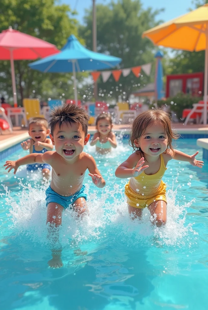 Real children, swimming, orange briefs, happy laughter --auto