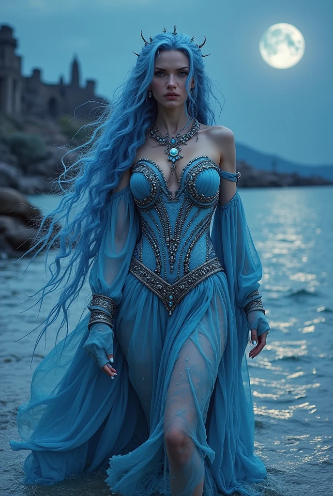Generate a (hyperdetailed, realistic, Full Body), photo of Nia, (((turquoise color eyes))), (((long, silky, straight, Ombre blend of shimmering silver and celestial blue hair))), (((Position Nia with her long, silky hair styled in fishtail braid hairstyle, strands framing her face delicately))), (fair skin:1.4), (((Massive round natural breasts with deep cleavage))), (Massive Breasts:1.6), (Greek and Russian mix ethnicity), (hourglass figure, perfect body, NSFW, perfect anatomy, masterpiece, best quality). Position Nia in a dynamic and enchanting pose, standing gracefully with one hand extended as if inviting viewers into her world of stories and dreams. She should be in a mid-motion stance, perhaps with a gentle, flowing dress that blends into the background to emphasize her ethereal and magical nature. The background should be either the Celestial Observatory or the Enchanted Mythological Temple, with a focus on celestial elements or mythical ambiance that contrasts with Strix's and [Your Name]'s scenes. For instance, if using the Celestial Observatory, include floating stars, shimmering constellations, and ethereal light effects around her. If using the Enchanted Mythological Temple, incorporate ancient, glowing runes, and mystical artifacts.
