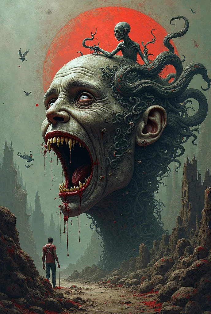 the sun is not'shine、follow the rays、A world of death where people can no longer live、best light、best shadow、clear image、Boiling pinkish red liquid spreads on the ground、Rain of blood、Bloodstained、die in hell、darkness、cult、The end of the world、reminiscent of death、return to nothing、chaos、Giant monster、devil'face、Forms of anger、Detailed details、masterpiece、highest quality、 the desolate world of death、Dark clouds of the world of death、the desolate world of death、hell、dust flies、stylized fantasy artwork、 Creepy and nostalgic concept art, surreal concept art, blood gushes out, look up at the sky, world of death, reminiscent of death, chaos, red liquid, ash scatters, floating debris、(monsters、blood and flesh)、growl