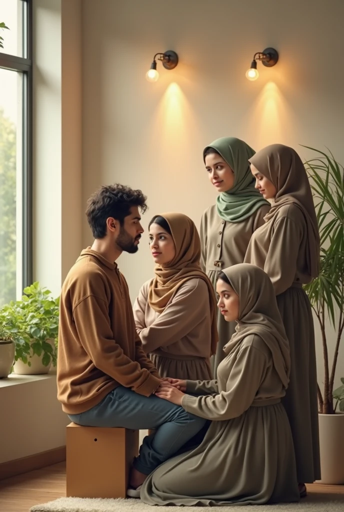 European white headscarf, black long sleeve t shirt, white skirt, barefoot, Woman talking to male friends in shopping mall. 