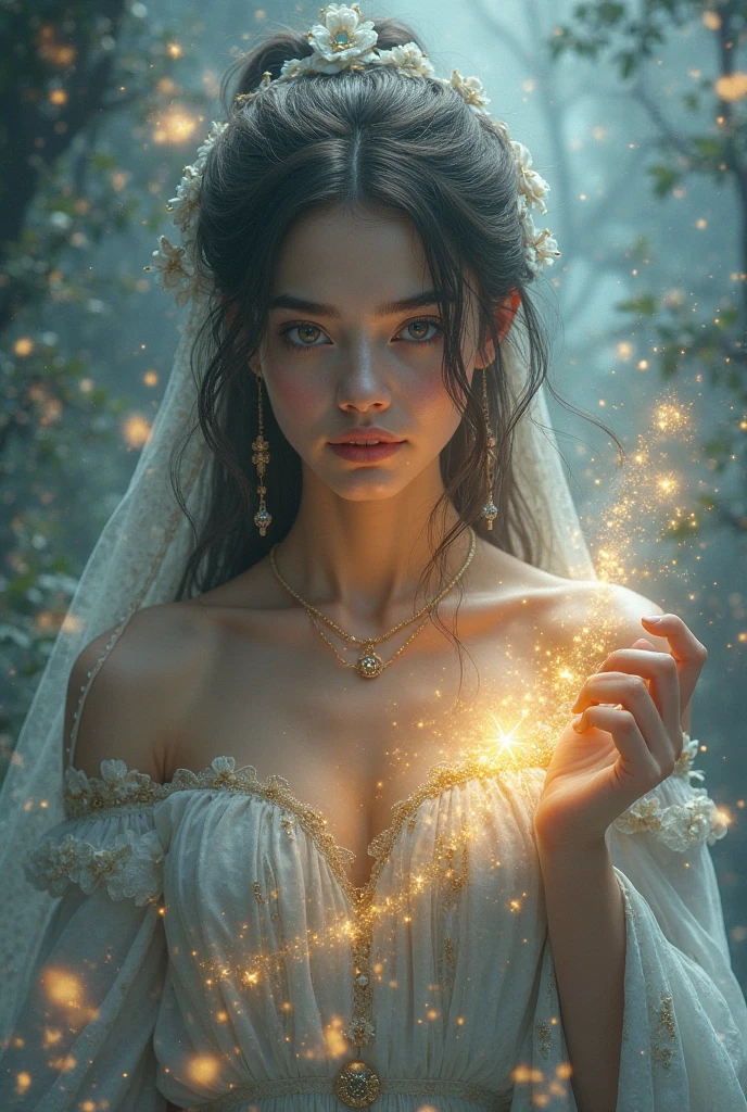 (masterpiece, best quality:1.5), highest quality, High resolution, super detailed, Realists, Upper body photo of a brunette young magical girl, detailed and beautiful eyes, beautiful detailed lips, very detailed eyes and face, longeyelashes, white satin wedding dress, Holding a magic wand in your hand, Cast a transformation spell, With her magic wand she turns stones into candles, Glowing wands available,Beautiful and colorful makeup, elegant and noble々The jewelry bag, Gardens as background, soft daylight, bright colors, fine brushstrokes, Portrait style, Silk dress fabric, beautiful color palette, glowing skin, First-class rendering, that captures every detail, enchanting atmosphere, subtle shadows and lights, (perfect anatomy:1.2), (The stunning Magical Girl in a wedding dress turns stones into candles. (a transformation with the magic wand:1.4), (magnificent panorama view:1.2)
