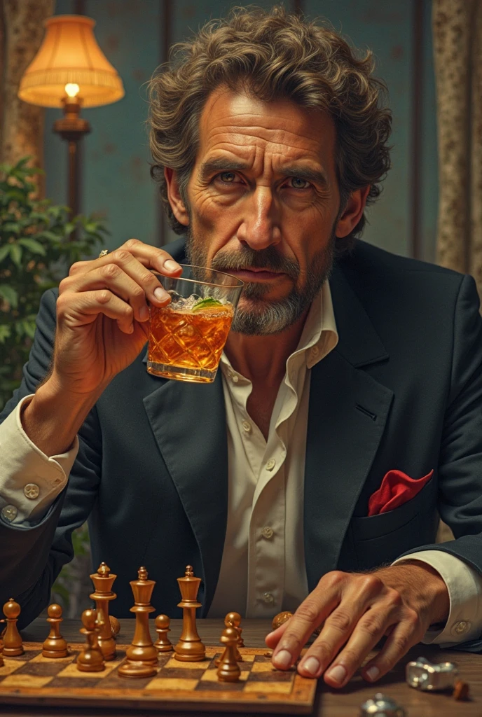 Tonalism, Conceptual art, high detail, chiaroscuro, cinematic lighting, UHD, retina, masterpiece Iced Bourbon advertisement, John Wick drink Bourbon in The Continental Hotel
