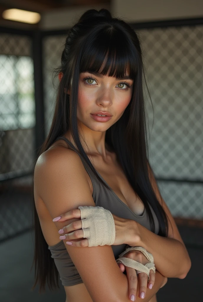 zoom on the body of a teen girl with black long hair with bangs wearing a black Low Bodycon Dress, On a clean white background