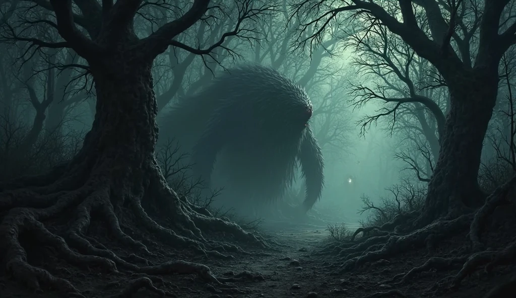 (((horror style))), image of a very tall and thin creature with two megaphones for a head, Trevor Henderson, hiding in the trees in a dark forest, rotten muscles, super detailed graphic, 4k resolution
