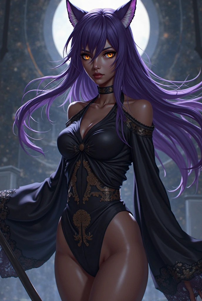 ((Solo portrait)),((dark skin color:1.5)),(woman1),(hot),(height 1.76cm),(purple eyes),(long purple hair),(slim body),(slim body),(super beautiful),(divine beauty),(gaseous),(attractive),(beautiful),(curvy body),(Young),
