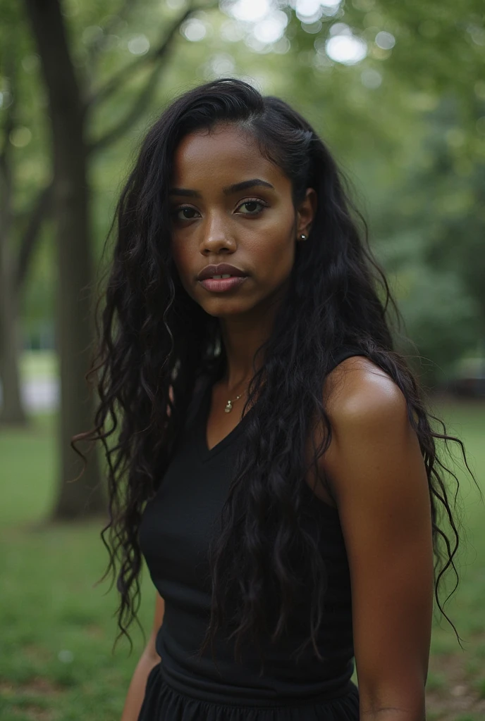 black female, darkskin, eyes browns, age 21 years, walking in the forest, long  hair, White smile, seducing gaze