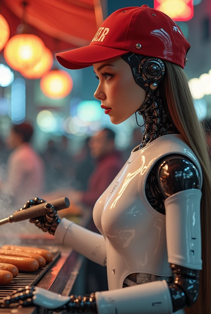 A android fast food worker(cute woman, apron and cap, awkward happy poses), is working the cash register at 'Taco Bell', crowded, busy