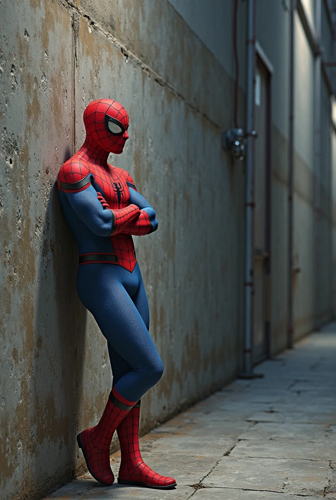 a hulking sexy men wearing a red and blue spiderman, at a lockers room, rubbing his bulge and looking very  and sexy