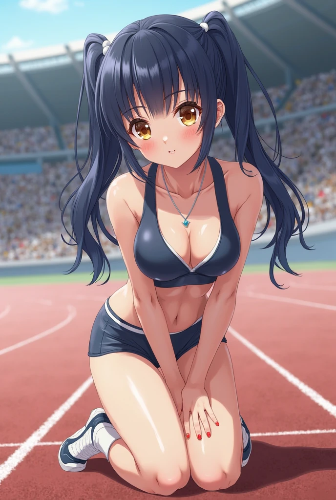 high resolution, best quality, girls,16 years old, baby face, beautiful hairslender, detailed eyes, beautiful legs, slim-legs, ,shiny skin, blush,panicked look,blush, (detailed sports bra),(detailed buruma),(buruma very Wedgie:1.2),(long jump field:1.2),(sit on the sand), (spread legs:1.3),athletics stadium,