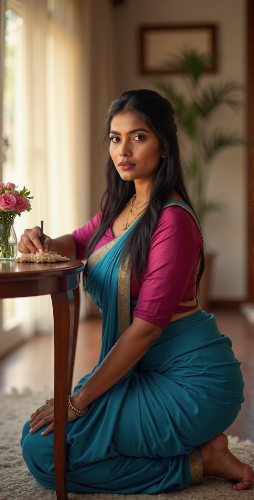 Indian woman sit in with full saare