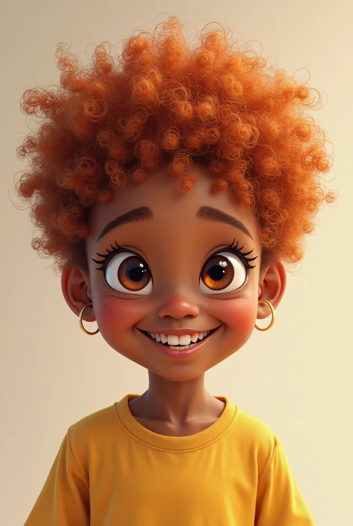 A smiling girl with curly afro hair, abundant and white with brown skin and blue eyes 
