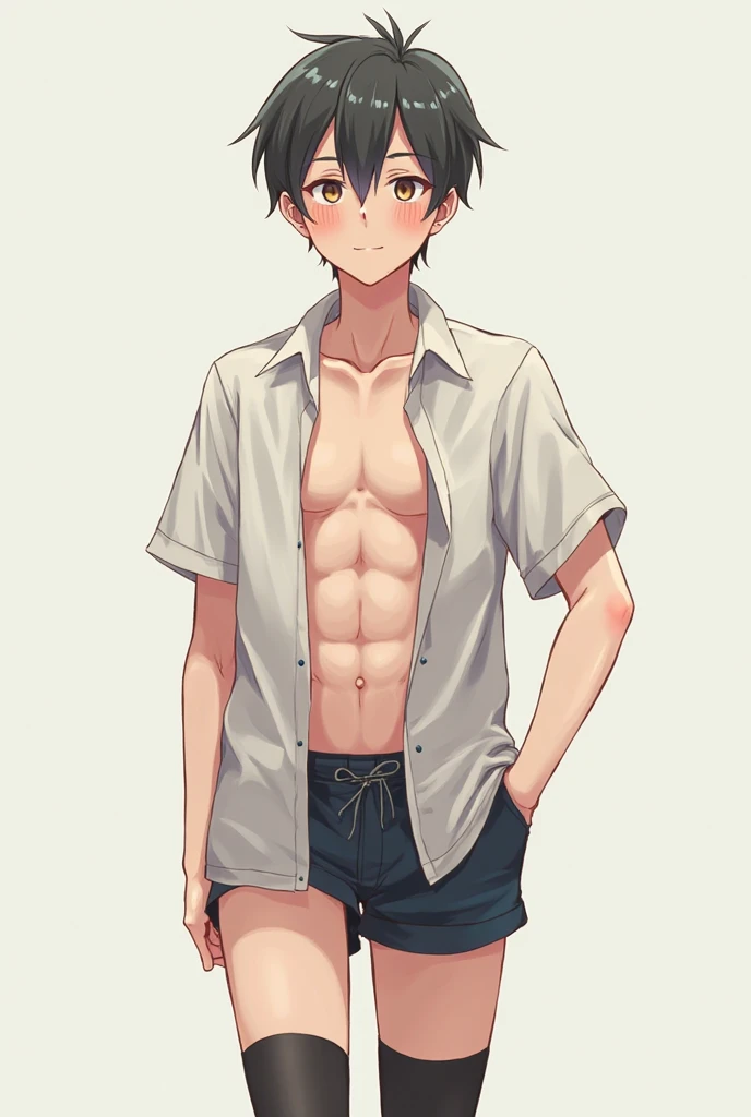 1boy, 1solo, black hair, short hair, brown eyes, hair between eyes, ash ketchum, suit, watch, unabuttoned shirt, shirtless, undressing, he's pulling his pants down showing his crotch