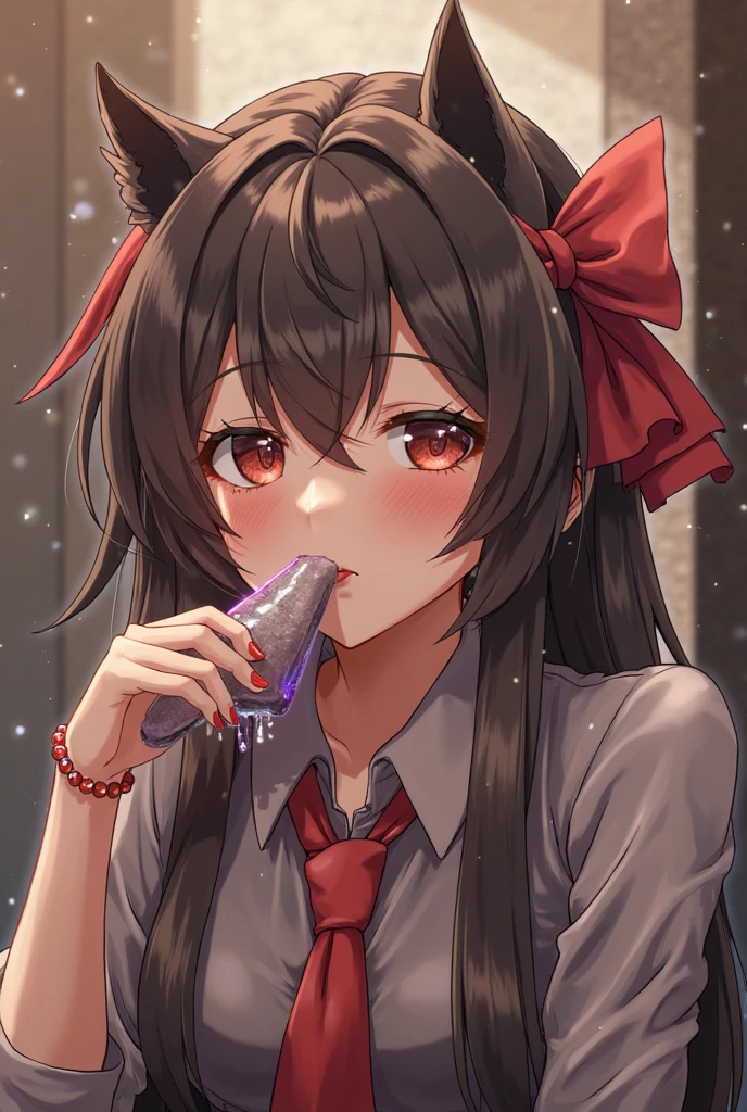 Sitting on a black sofa,looking ahead,from above,handjob,side view,face focus,open mouth,tongue out,cum on tongue,Licking a white dildo,(1girl,Beautiful 14 year old girl),((Slender,Small breasts,Baby Face,Small face,)),looking at viewer,Black Hair,bangs,two side up,Gray Eyes,Drooping eyes,slit pupils,narrow eyes,collarbone,black t-shirt,off-shoulder look,Black and red checkered short skirt,Beautiful and detailed anime art,Mischievous smile,Dimly lit room,Simple Background,Gray background,Low lighting