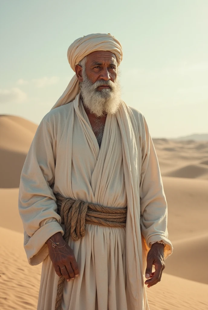 (best quality,4k,8k,highres,masterpiece:1.2),ultra-detailed,(realistic,photorealistic,photo-realistic:1.37),Moisés da Bíblia with an aged appearance,long beard,extremely detailed face and features,desert background with arid terrain and sandy dunes,bright blue sky with intense sunlight,singular figure of Moisés standing tall and strong,holding the stone tablets in his hands,expressive eyes reflecting wisdom and determination,wisps of wind gently blowing through his long beard,dust and sand particles subtly floating in the hot air,adding atmospheric depth and realism,subtle textures and fine lines on the skin and clothing,depicting the passage of time and the journey of Moisés,soft lighting casting delicate shadows on his face and surroundings,creating a captivating and dramatic atmosphere,portraits,rich warm colors and golden tones,emulating the warmth of the desert landscape and representing the divine connection,the magnitude and importance of the figure of Moisés.
