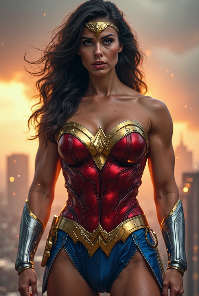 Cinematic soft lighting illuminates a stunningly detailed and ultra-realistic Wonder Woman bodybuilder, muscular, red and blue armor that is trending on ArtStation. Octane is the perfect tool to capture the softest details of this 16k photography masterpiece