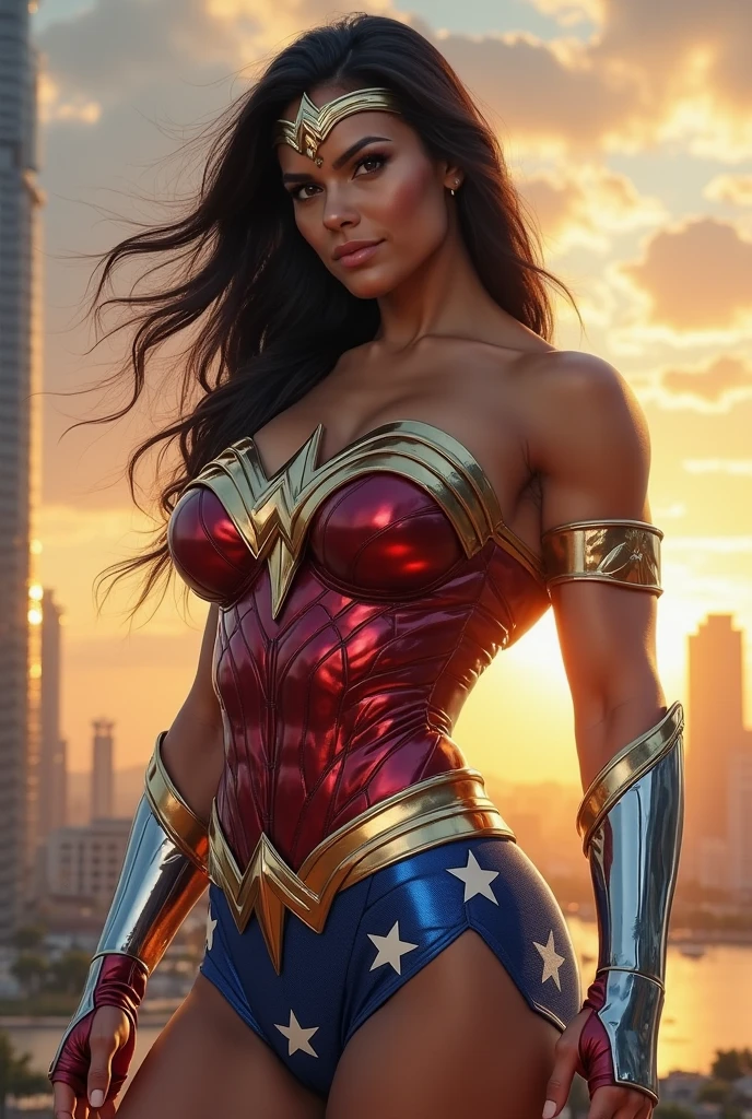 A beautiful woman Adriana Lima under the mantle of the warrior of Eutopia Zarda Shelton aka power Princes is a tall Caucasian woman with a muscular physique and body and black hair, long and flowing hair reaching her back (((She wears a black leather jumpsuit that covers her entire body and arms with gold trim under her breasts and at her waist in the form of a belt, this suit has white bell-bottom sleeves at the end of her cuffs))) silver liza headband on her forehead under her hair Wonder Woman