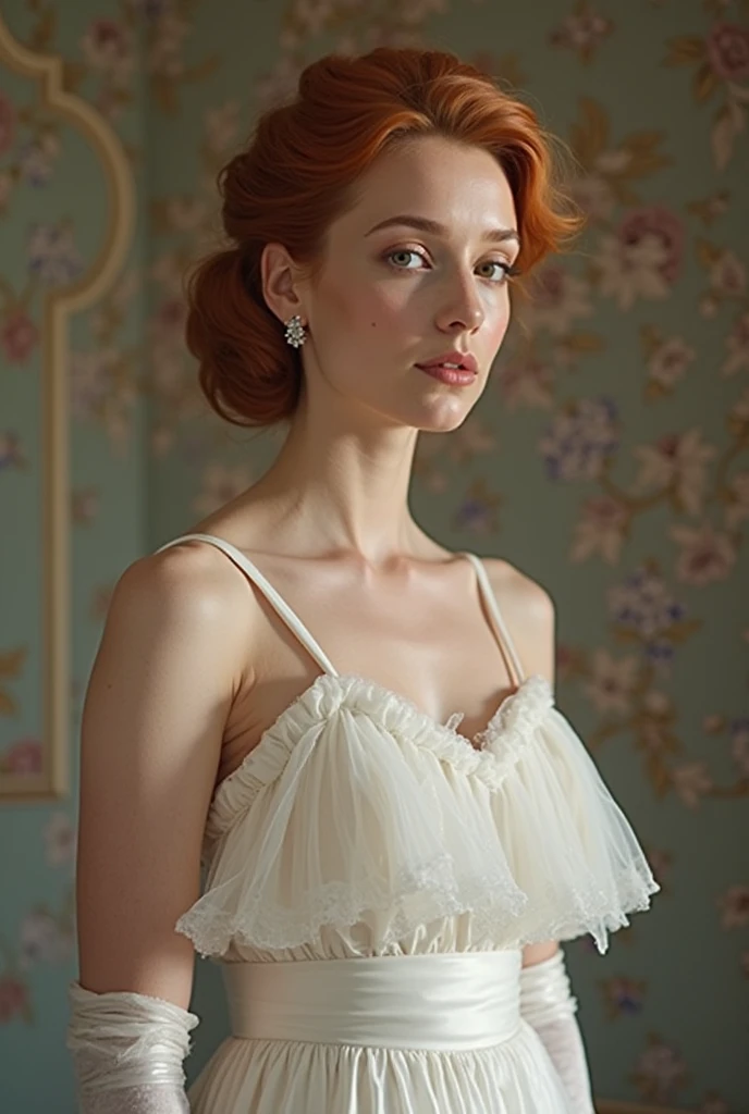Ethereal fantasy image detailed realistic portrait of a beautiful 1950's high class young aristocrat american girl with curly auburn long blondie hair seated in a formal room in an aristocratic home, award-winning cgi