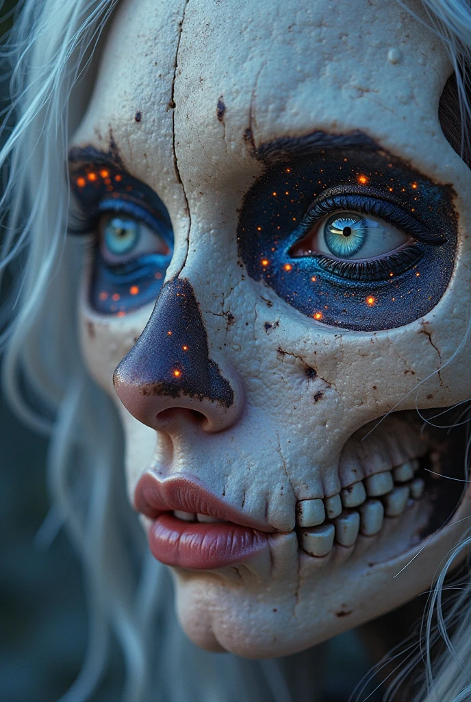 Half of the face is a skull, the other half is a woman , white 25 years old, A red rose 