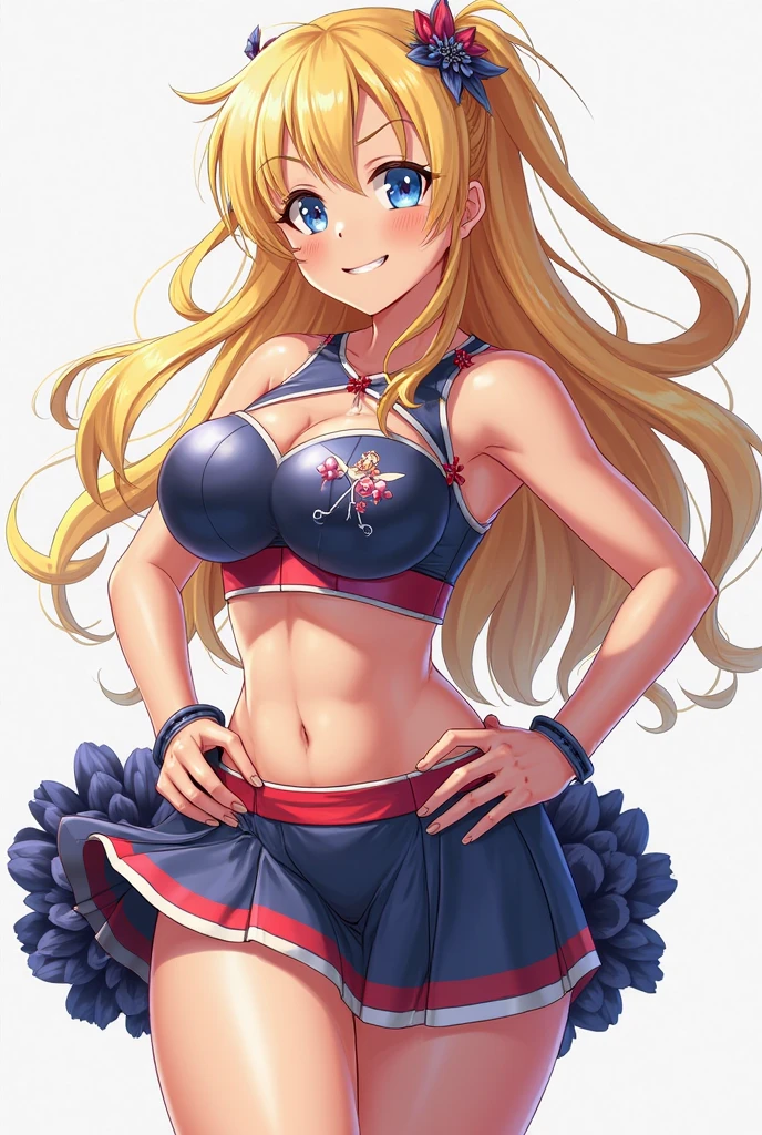 masterpiece, best quality, long hair,  medium breast, cleavage, navel, slim legs, morgan fate blonde hair, stage, cheerleader, happy, short skirt