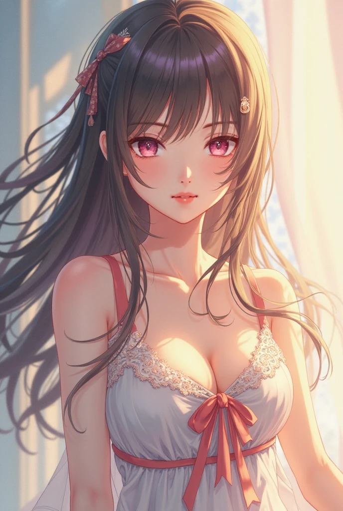 (masterpiece:1.3, Highest quality, Ultra-high resolution, Super detailed), (Realistic, photoRealistic:1.4), Beautiful illustrations, Perfect lighting, colorful, Depth of written boundary, Beautiful detailed hair, Beautifully detailed face, Beautiful fine details, Beautiful clavicle, Beautiful body, Beautiful breasts, Beautiful thighs, Beautiful feet, Beautiful fingers, View your viewers, 1 person, Perfect Face, (Perfect Anatomy, Anatomically correct), Cute and symmetrical face, Baby Face, , Shiny skin, (Brown Hair), Hair between the eyes, Dark green eyes, Droopy eyes, Big eyes, Long Eyelashes, (((Luxury underwear)))、(Red floral underwear))),(bra、Embroidery pattern)、(((panties、Embroidery pattern)))、(Beautiful views), Bright lighting