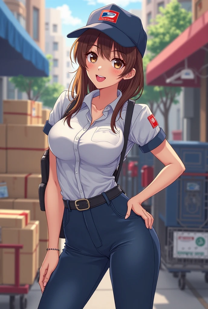 brown hair, twintails, letter, envelope, large breasts, blue collared shirt, jeans, belt, patio, box, package, hat, messenger bag, mailman, <lora:Mgear-10:0.6>, <lora:mailman-10:0.6>,