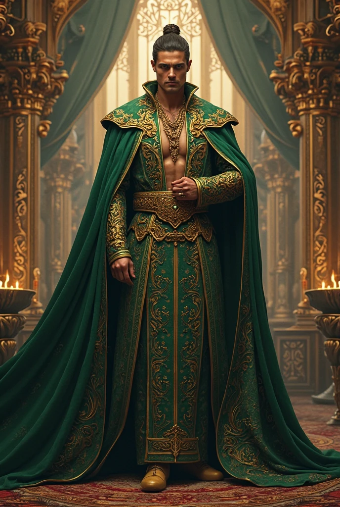 Create the clothing of an Egyptian male concubine, This concubine's clothes are green with black details, that the view is complete