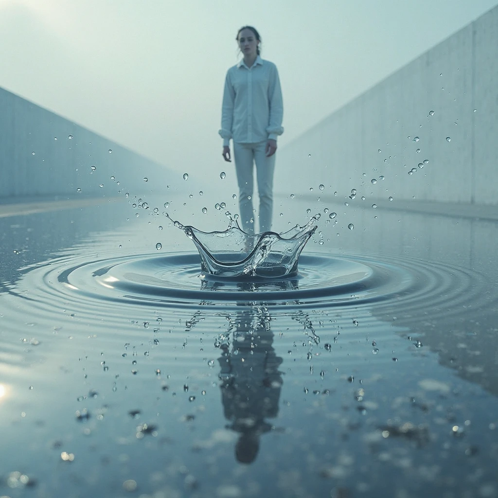 an extreme close-up photo of a man made of water, coming up of a puddle on a street