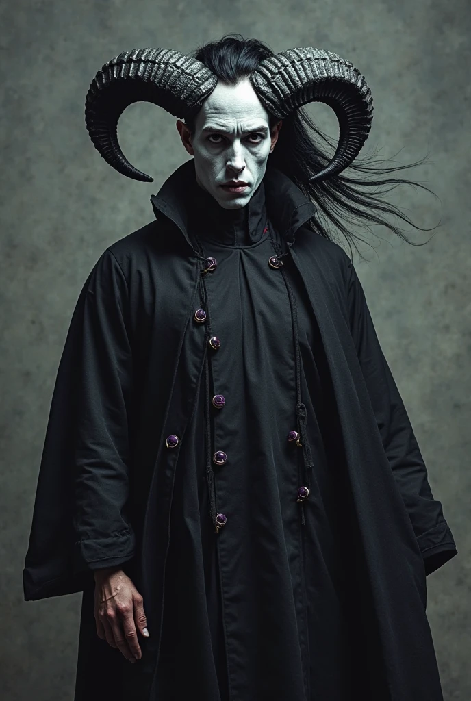 naughty man, between 30 and 40 years old, dark purple alien, Cao Cao, stark, bonitas, dark red iris, baharal horns, messy black hair, wavy, bushy eyebrows, traços starks e marcantes, piercing de argola no septo, black nails. Wearing black tactical pants, barefoot, wearing no shirt