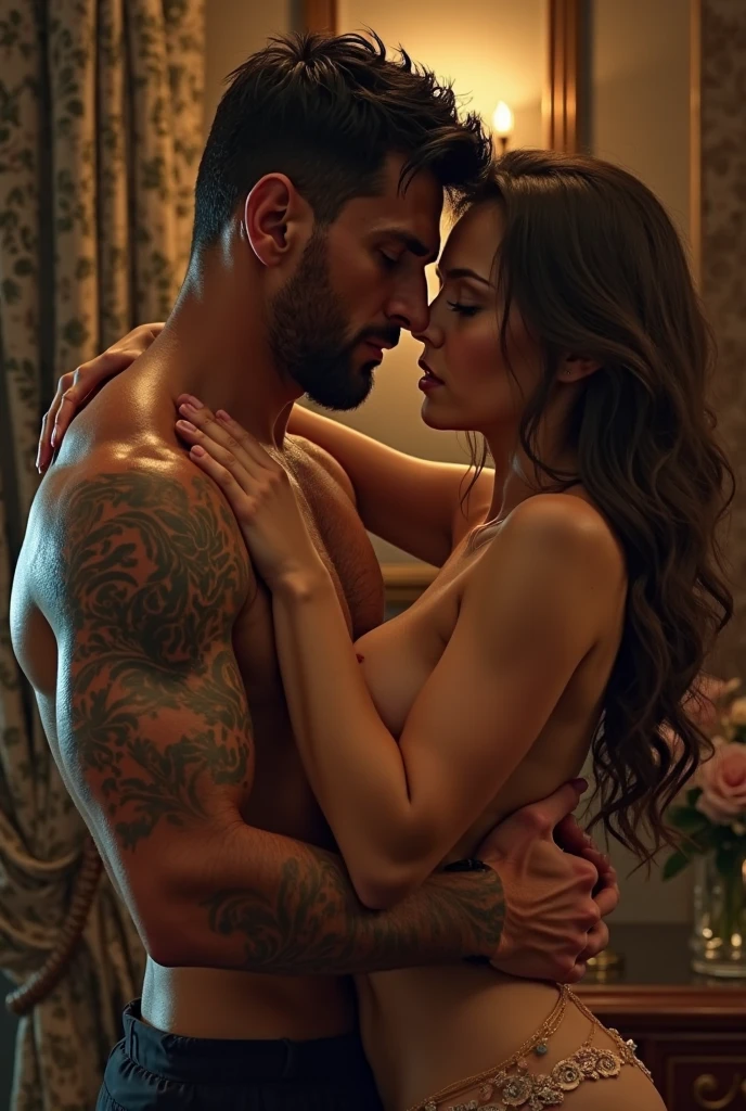A 209 cm tall, 29-year-old fit and attractive man with black short layered swept-back wavy crew cut hair, short black facial hair, shirtless, with Mediterranean-Native American features, wearing black cargo pants and an intense expression as his fingers are inside a bleeding wound on a woman with pained expression. The woman is smaller, pale-skinned with vibrant maroon hair, wearing a black bra, and is lying supine with an arched back on a fur-covered bed in a dimly lit underground basement with dark wood paneling. Photorealistic, cinematic.